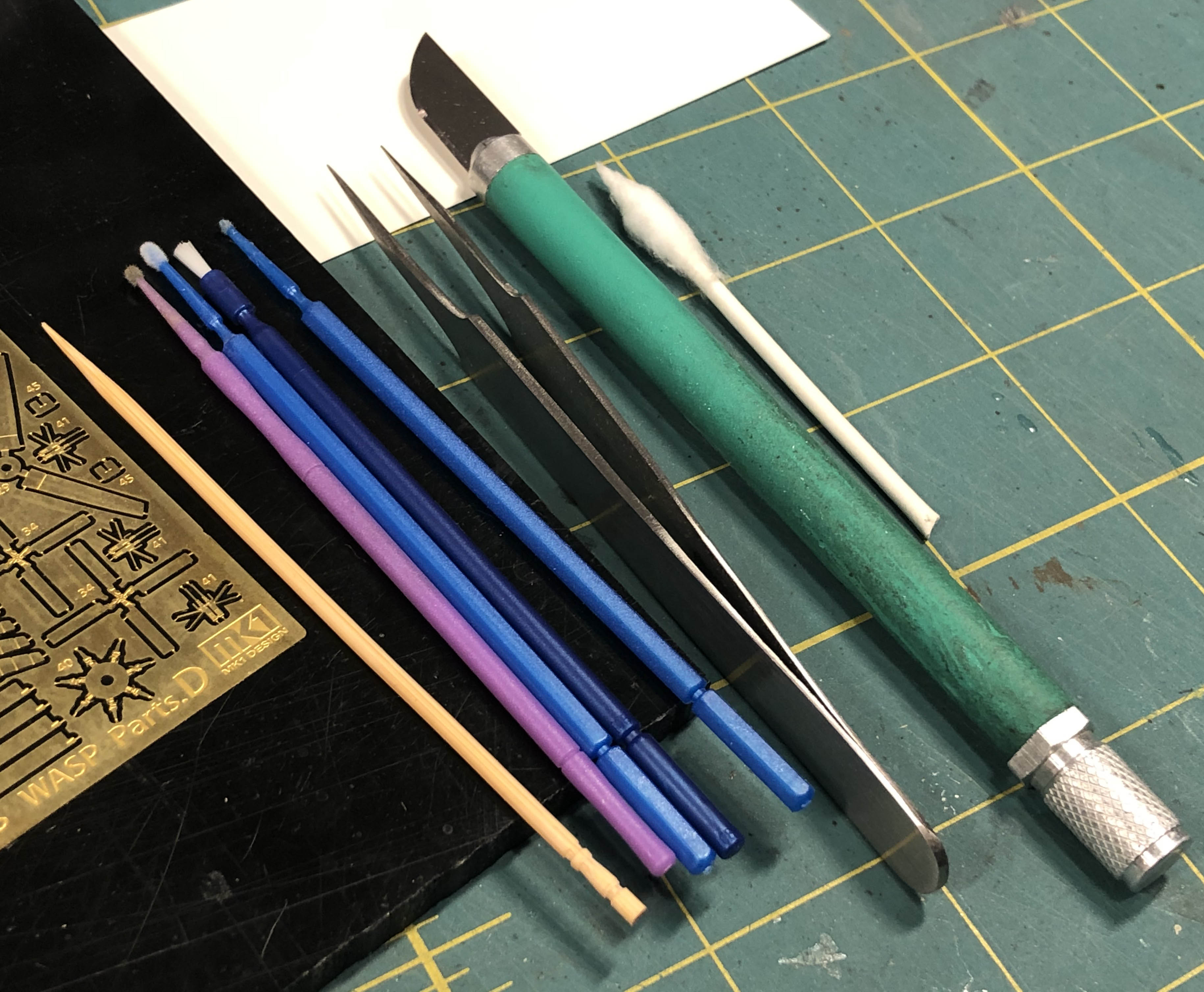 Applicators, tweezers, and knife